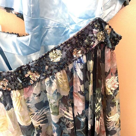 Mac Duggal Floral Halter Cut Out Evening Gown Beaded Belt Ruffle Dress Sz 12 NWT - Picture 7 of 9